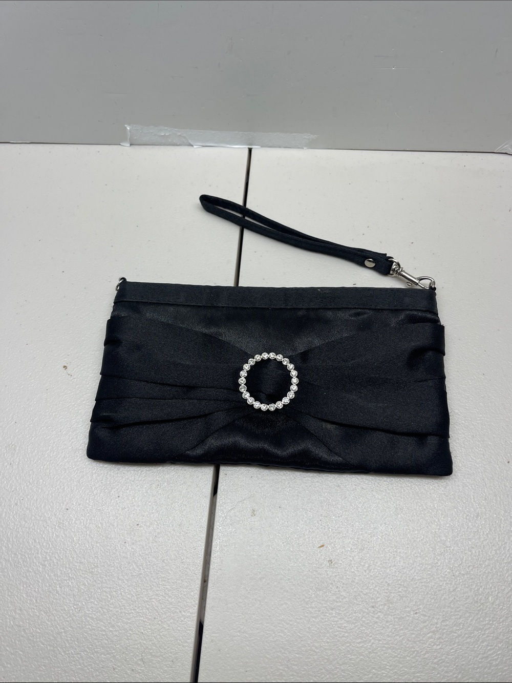 Elegant Black Satin Wristlet Clutch with Rhinestone Accent